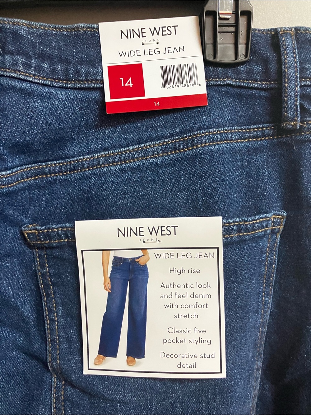 Nine West Dark Blue Wide Leg Flare Jeans with Stud Detail - Picture 2 of 3